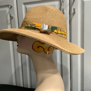 Stylish Tan Wide-Brim Hat with Yellow Accent
